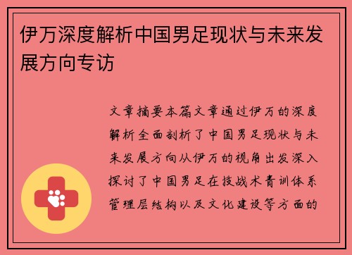 伊万深度解析中国男足现状与未来发展方向专访